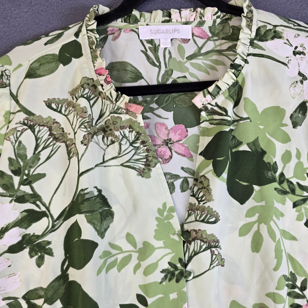 Sugarlips Green Floral Ruffle Neck Button Front Blouse 3X Coquette Plant Lady
